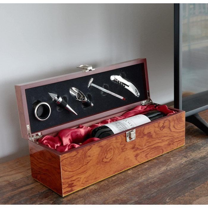 Набір аксесуарів для бару BRUBAKER 6-в-1 з ящиком для вина - дизайн з благородного дерева - набір сомельє з нержавіючої сталі з виливальником + пробкою + термометром для вина + кільцем від крапель - подарунковий набір сріблястого кольору