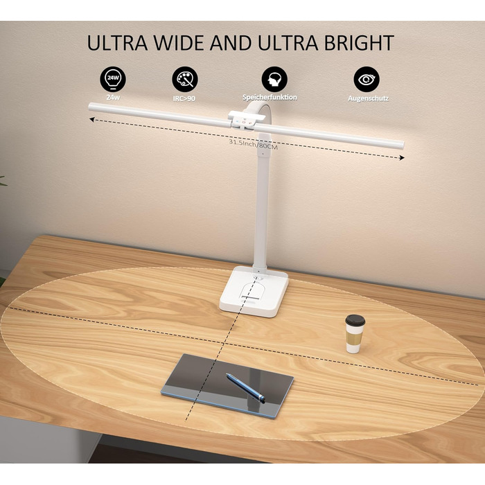 LED лампа для столу Doppelkopf з регулюванням яскравості, 24W, 80см, для дому/офісу, денне світло, лампа-лебідь, з підставкою для телефону