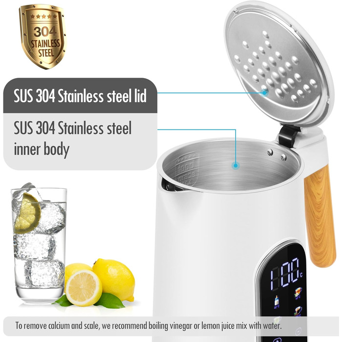 Електричний чайник ForMe з нержавіючої сталі 1.7L з регулюванням температури 40-100°C, LED дисплеєм, функцією підтримання тепла, BPA Free, білий