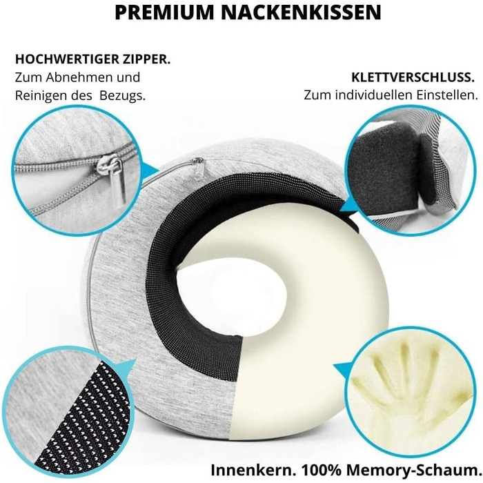AIRTH® Подушка для шиї з піною Memory Foam 360° з кріпленням на липучці - Ергономічна підтримка шиї з знімним чохлом для максимального комфорту та відпочинку (Світло-сіра)