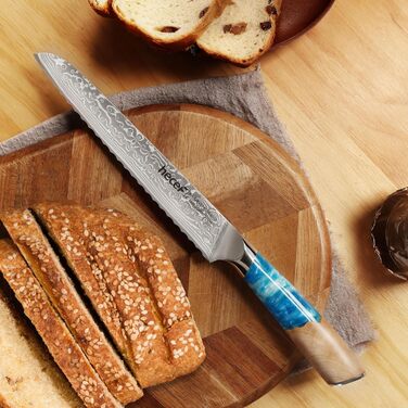 Японський ніж з дамаської сталі Hecef, 20 см, професійний кухонний ніж з ергономічною ручкою з смоли, 67 шарів, з захистом для ножа, подарунок для шеф-кухаря та любителів кулінарії