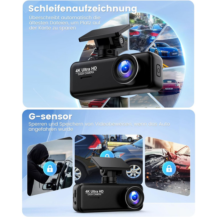 Відеореєстратор SIGRILL Dashcam Auto 4K+1080P з Wi-Fi, двоканальний, з карткою 64GB, нічне бачення, паркувальний режим, G-сенсор, запис по колу, підтримка до 256GB