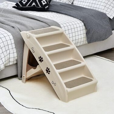 COSTWAY 4-Step Pet Stairs with Carpet, Dog Stairs Plastic Cat Stairs Foldable, Portable Dog Ramp Pet Stairs for Dogs and Cats, Pet Ramp for Climbing and Scratching (Beige)