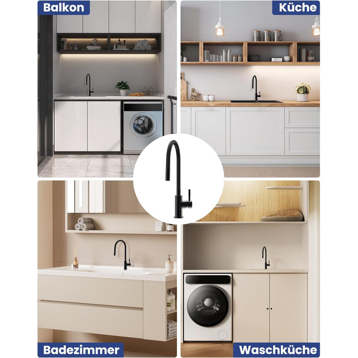 Змішувач для кухні гнучкий чорний, нержавіюча сталь, 2 режими струменя, 360° поворот, кухонний змішувач, преміум якість