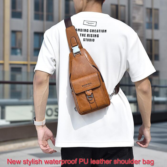 Чоловіча нагрудна сумка через плече з PU-шкіри, водонепроникна, світло-коричнева