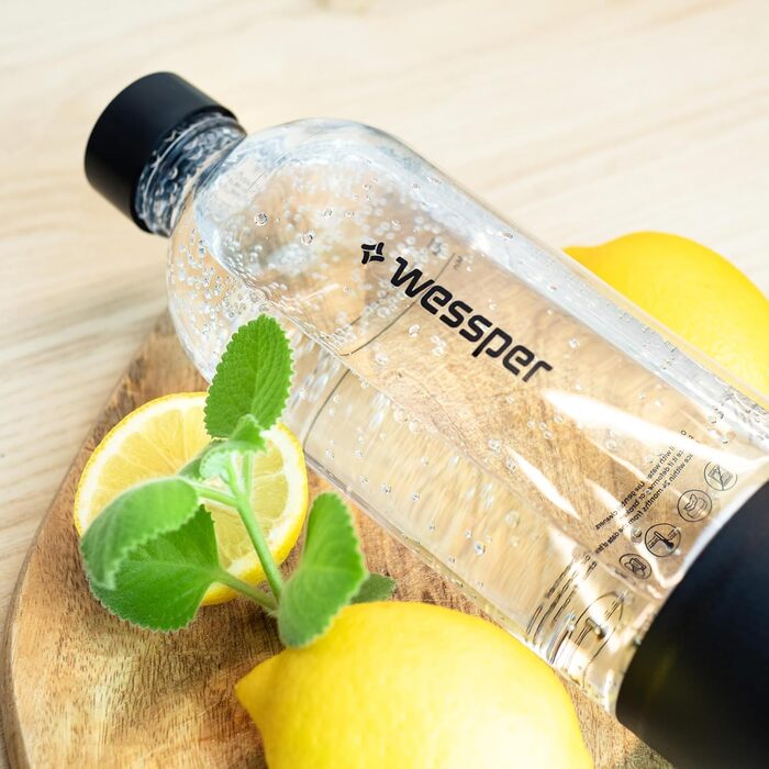 Wessper Машина для газування води, комплект 800 мл, PET-пляшки BPA-Free, 60л CO2 балон | Професійний карбонізатор води | Білий (Чорний, пляшка)