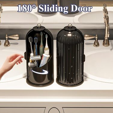 Dustproof Toothbrush Holder with Cover, Rotating Holder for Electric Toothbrush and Toothpaste for Bathroom Countertop, 3 Compartments, Makeup Brush Organizer, Completely Black