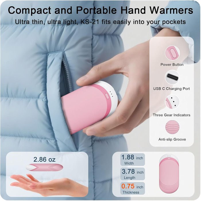 Електричні грілки для рук Karecel 2 шт., акумуляторні, з силікону, 6000mAh, рожеві