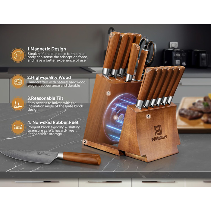 Набір кухонних ножів 15 предметів з дерев'яним блоком, сталь Damast, магнітний тримач, ножі для стейку - ідеальний подарунок