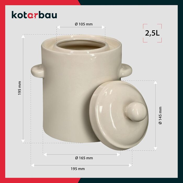Керамічний бочонок для квашення 2,5 л KOTARBAU, білий – глечик для квашеної капусти, огірків, кімчі, ферментації, з кришкою, кам'яний горщик