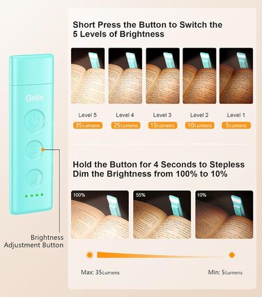 LED лампа для читання Gritin з USB-C, кріплення-прищіпка, регулювання яскравості, 3 режими кольору, для книголюбів, білий (блакитний)