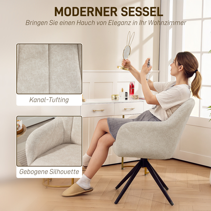 HOMCOM Armchair Living Room Swivel Lounge Chair Padded Tufted Recliner with Steel Legs, Velvet-Look Upholstered Armchair Vanity Chair for Bedroom Beige | Aosom