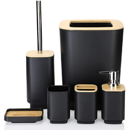 Набір аксесуарів для ванної кімнати JOTOM з бамбука, 6 шт. Сучасний дизайн: дозатор для мила, тримач для зубних щіток, стакан, мильниця, тримач для туалетного йоржика, сміттєве відро. Сірий колір