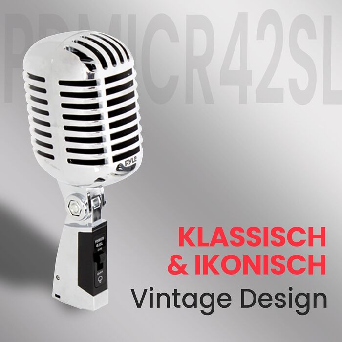 Мікрофон Pyle - Динамічний, Ретро-стиль, для вокалу, XLR, 4.88м кабель, для живих виступів та студії, срібний