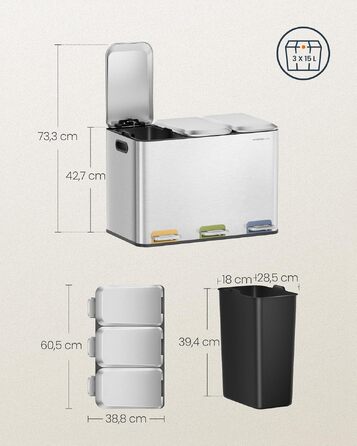 Сміттєвий відер SONGMICS HOME POPNEX LTB740B02 для кухні, система сортування сміття з 3 відсіками по 15 л, сталевий, сріблястий