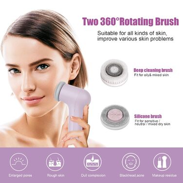 MyCarbon Electric Facial Cleansing Brush - IPX7 Waterproof, Rechargeable with USB Battery & 2x 360° Brush Heads for All Skin Types - Exfoliation & Deep Cleaning