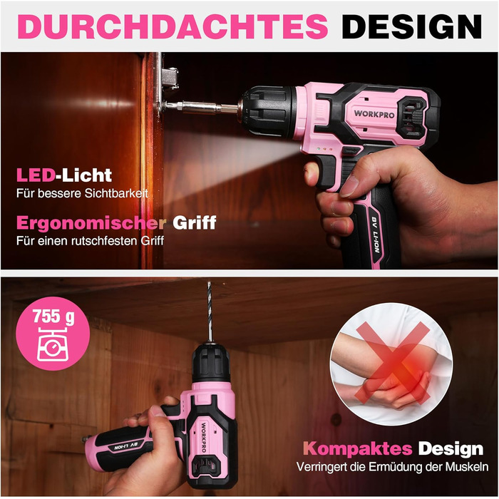WORKPRO 8V акумуляторний дриль-шуруповерт, комплект з кейсом, 2000 mAh, 10 мм патрон, 12 Н·м, LED-ліхтик, 21 шт. аксесуарів, для ремонту та DIY, сірий & зелений (рожевий & чорний)