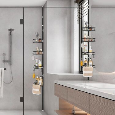 DUFU Shower Shelf Telescopic, No Drilling Required, with 4 Shower Basket, Corner, Non-Slip, Stable Bathroom Shelf Made of Metal, Height Adjustable 85-325cm, Telescopic Shelf, Black
