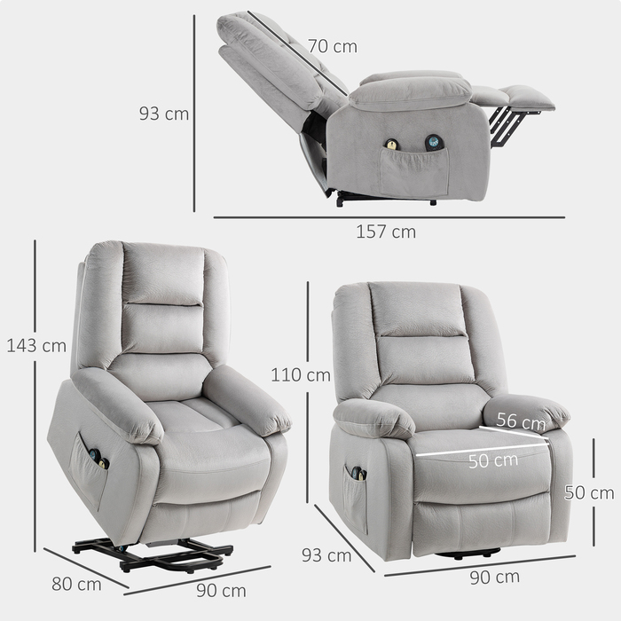 HOMCOM Power Lift Recliner Chair with Power Lift, TV Recliner with Vibration Massage, Reclining Function, Massage Chair with Heat, Footrest, Side Pocket, Timer, Light Grey | Aosom