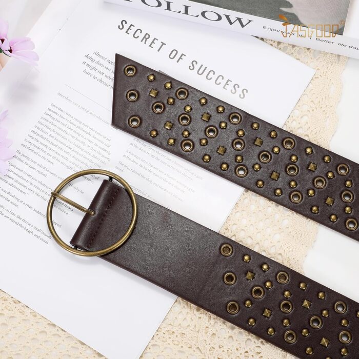 Жіночий широкий пояс JasGood з прорізними пірсингами та круглою застібкою, пояс з пірсингом, пояс для талії для вінтажних джинсів, штанів, суконь. Розмір S (підходить для талії до 88 см) (Коричневий, Розмір S (підходить для талії до 88 см))