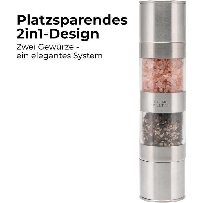 Мельниця для солі та перцю 2-в-1 з нержавіючої сталі | Ручна мельниця для спецій з керамічним жорном та регульованим ступенем помелу