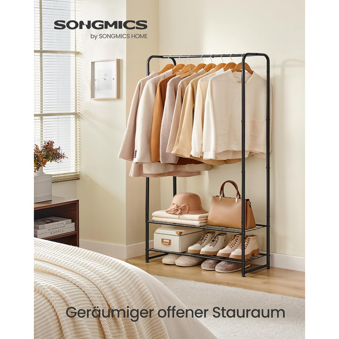 SONGMICS Clothes Rack, Open Wardrobe, Clothes Rail, Coat Rack with Shelves, Metal Clothes Rack, Freestanding, Matte Black LGR462B01 (73B cm)