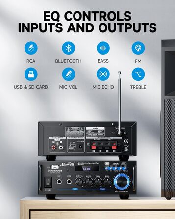 Стерео Bluetooth караоке підсилювач Moukey 2.0 каналів, 100Вт, Hi-Fi, RCA, USB, SD, 2 мікрофонні входи, FM-радіо для авто та дому