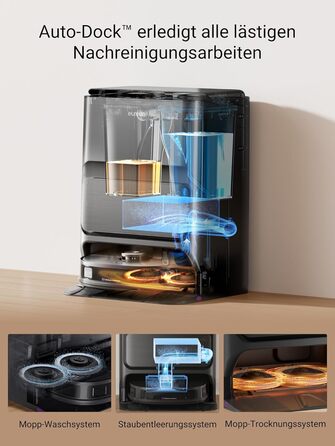 Робот-пилосос Eureka J12 Ultra з функцією миття підлоги (автоматичне очищення, прання та сушка), потужність всмоктування 5000Pa, обертова функція миття, Dual-LiDAR навігація, 3D уникнення перешкод, чорний