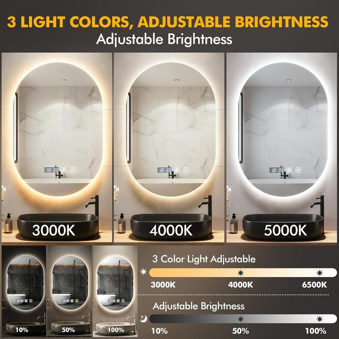 Дзеркало для ванної кімнати з підсвічуванням 50x70 см, з підігрівом, годинником, LED-підсвічуванням, сенсорною панеллю, функцією пам'яті, 3 кольори світла, регулювання яскравості