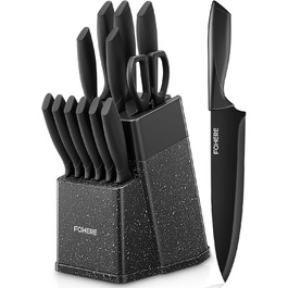 FOHERE 13-Piece Stainless Steel Knife Set with Block & Sharpener - Ergonomic Black Granite Handles