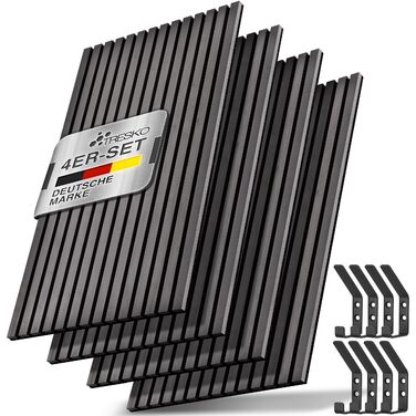 Акустичні панелі TRESKO з дерева 120×60x2,1 см, 4 шт. — 3D стінові ламелі для шумоізоляції, колір Дуб Антрацит, з набором для монтажу та 8 гачками