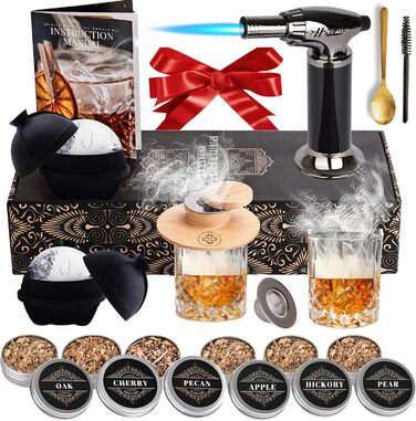 Whiskey Smoker Kit - Cocktail Smoker Kit with Torch, 2 Whiskey Glasses, 2 Ice Ball Makers, 6 Flavors of Wood Chips - Old Fashioned Smoker Bourbon Drink Smoking Set - Bourbon Gifts for
