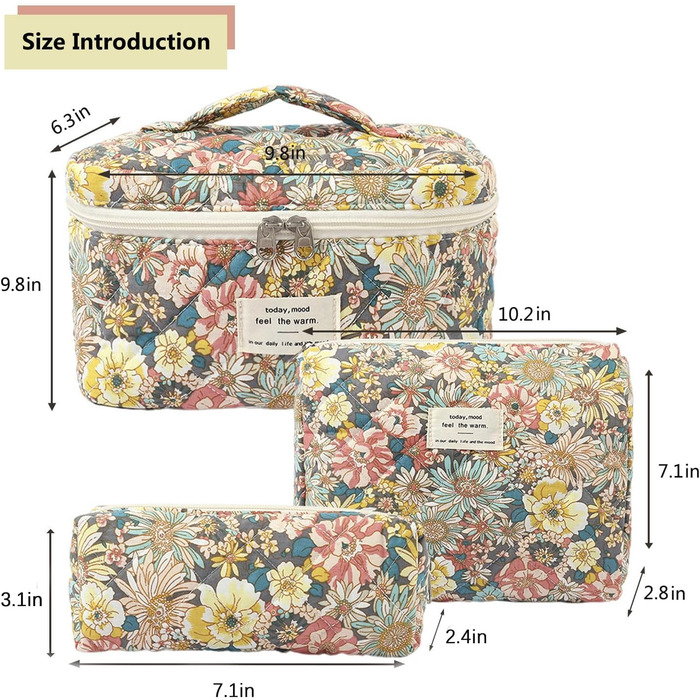 Набір косметичок для подорожей для жінок, 3 шт. з бавовни, органайзер для макіяжу, косметичка з квітковим принтом (Nanzhi Blume)