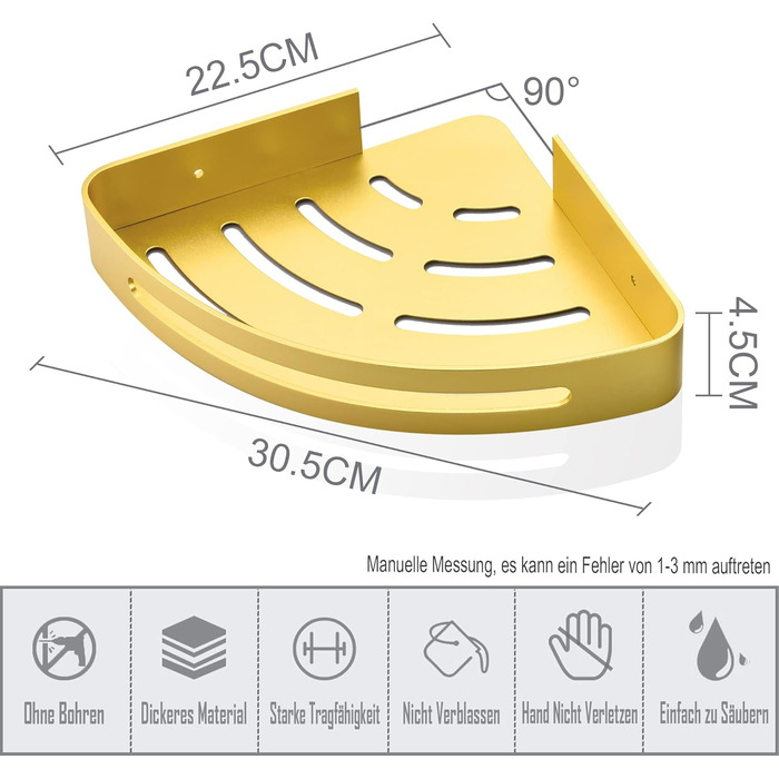 Поличка для душу без свердління, кутова поличка для ванної кімнати з алюмінію Space, трикутна корзина для душу з гачками, органайзер для шампуню, антикорозійна (2 шт., піскоструминне золоте покриття)