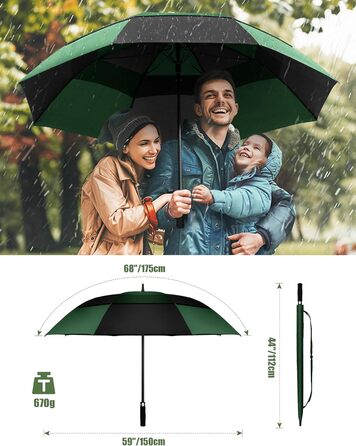 TECKNET Головний парасолька великий XXL, гольф-парасолька 173 см, стійкий до вітру, подвійний купол, вентильований, автоматичне відкриття, ручка EVA, для жінок та чоловіків (чорний та зелений, 150 см)