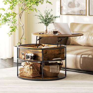 HOMCOM Adjustable Height Round Coffee Table Ø80 cm Living Room Table with Storage Shelf and Hidden Storage Space, Coffee Table Side Table for Living Room, Brown | Aosom
