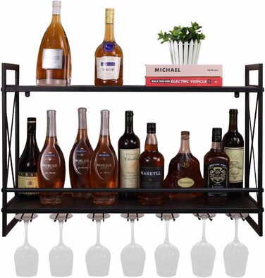 Industrial Wall Wine Racks with Glass Holder, 31.5 Inch Rustic Metal Multi-Purpose Shelves, 2-Tier Wall Mount Hanging Shelf, Wine Rack, Wine Accessories, Bottle Holder, Glass Shelf, Wall Shelf