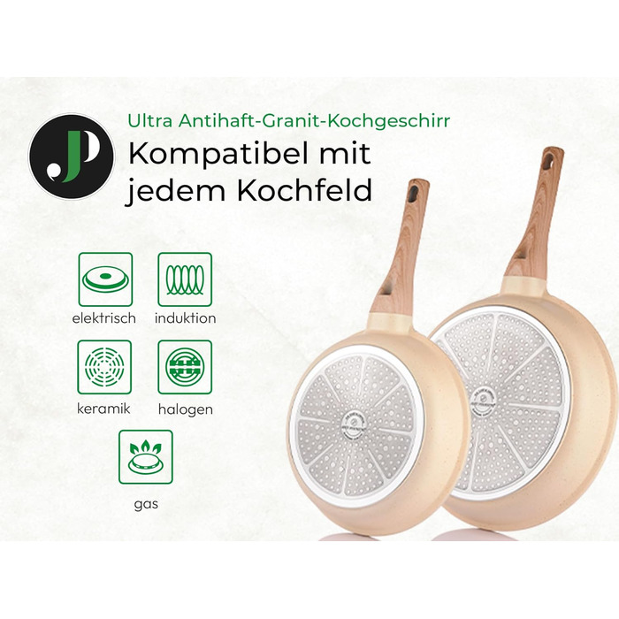 JUST PERFECTO Induction Cookware Set - Frying Pan Set with Lid - Frying Pan 24cm, Frying Pan 28 cm - Cookware Set 28cm Non-Stick Pan without PTFE and PFOA (14-Piece Beige)