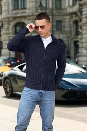 Чоловічий в'язаний кардиган NITAGUT з блискавкою, теплий, зимовий, вінтажний, довгий рукав, синій Navy Blue