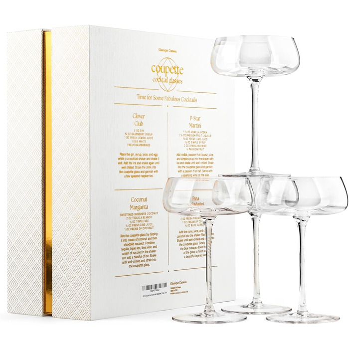 Набір келихів Coupette для коктейлів та шампанського, 4 шт. | 260 мл, кришталь, довгий ніж | для Мартіні, Дайкірі, Космополітен