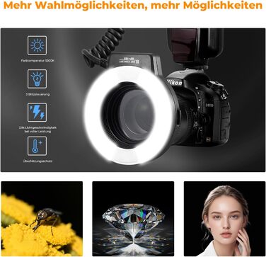 Кольцевий світловий прилад K&F Concept TTL для Nikon DSLR, GN 14, з AF-підсвічуванням та адаптерними кільцями