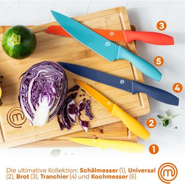 MasterChef 5-Piece Knife Block Set - Stainless Steel Kitchen Knife Set with Chef's Knife, Santoku, Bread Knife, Utility Knife, and Vegetable Knife - Sharp, Black Soft-Touch Handles