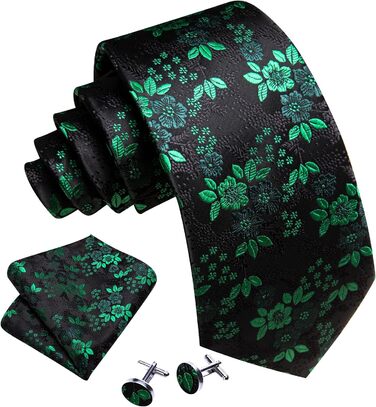 Комплект краваток Barry.Wang: краватка, кишеньковий хустинка та запонки. Чорний колір з зеленим квітковим візерунком, для весілля та ділових зустрічей