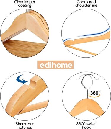 Вішалки для одягу Edihome, дерев'яні, набір з 20 шт., з неслизьким тримачем для штанів, вирізами для плечей, поворотним гачком 360°, для костюмів, сорочок