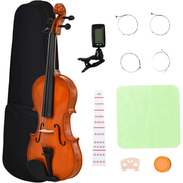 Скрипка HOMCOM 4/4 повного розміру з аксесуарами: футляр, тюнер, підставка, стрічка, каніфоль, запасні струни та ганчірка. Корпус з ялини та клену