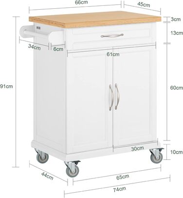 SoBuy Kitchen Trolley with Wheels - Kitchen Island with Countertop, Rolling Cart
