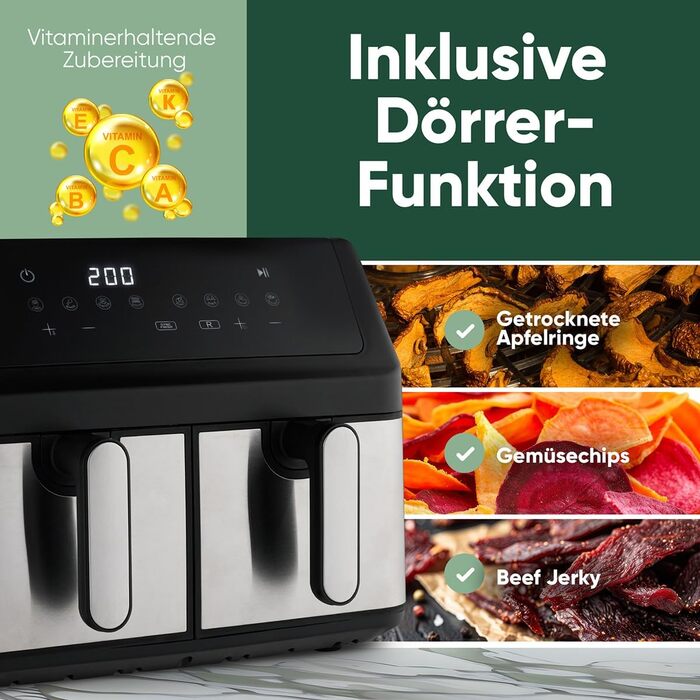Фритюрниця ProfiCook з 2 камерами | Airfryer | 9 літрів | Фритюрниця з функцією одночасної готовності | Без олії | Антипригарне покриття | PC FR 1296 H з нержавіючої сталі