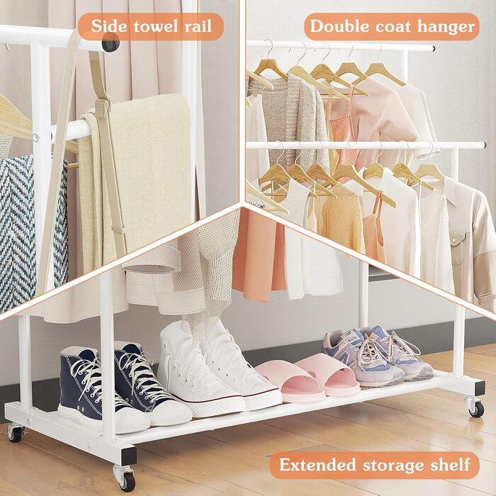 Clothes Rack with Double Rod, Rolling Clothes Rack, Portable Clothes Rack for Bedroom, Living Room, Clothing Store, (White)