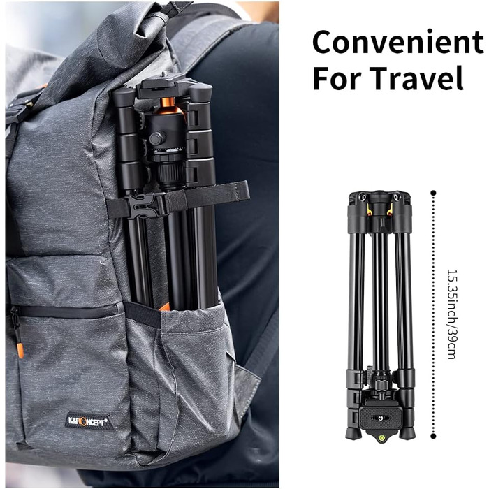 Подорожній штатив для камери K&F Concept 160 см, алюмінієвий трипод для DSLR з панорамною кулею 360° та швидким затискачем