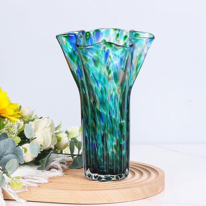 Ваза 22,9 см блакитно-зелена, виготовлена з ручного видутого скла, сучасний дизайн, широке горлечко, ідеальна для квітів та декору, для вітальні, кухні, весілля, офісу